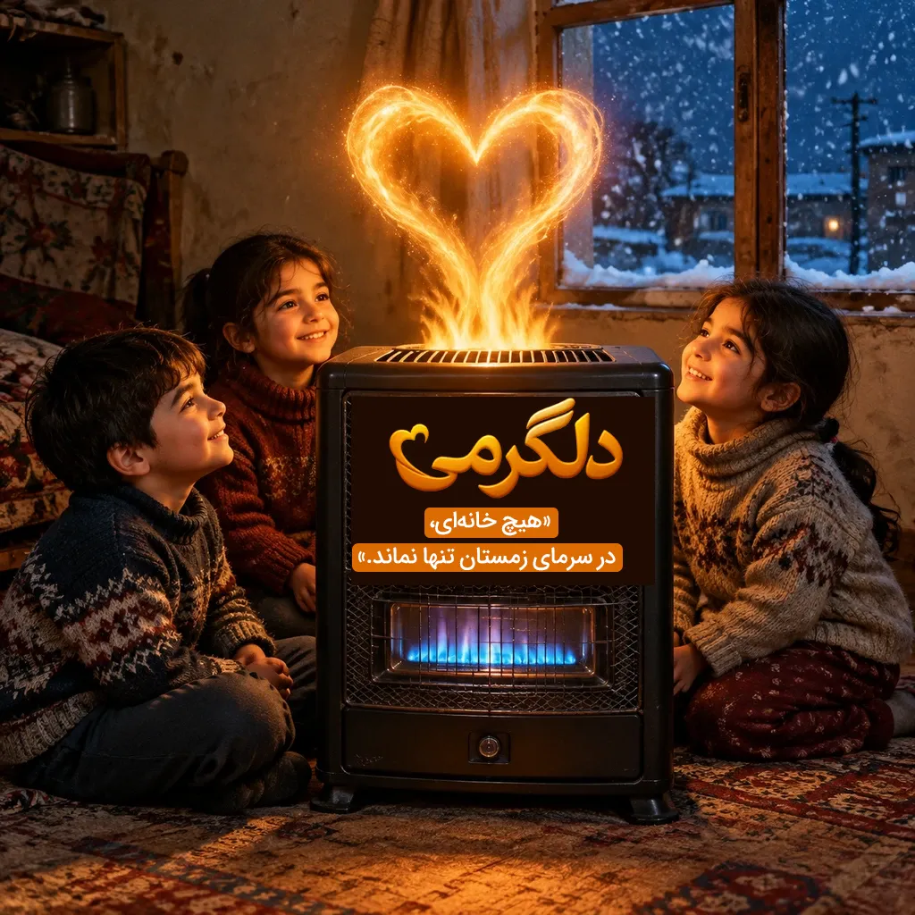 کودکان نیازمند در کنار شعله قلبی‌شکل بخاری گرم درون اتاق با منظره برفی بیرون پنجره