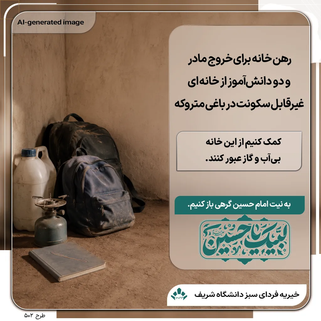 دو کوله‌پشتی مدرسه کهنه کنار دبه آب و اجاق گاز پیک‌نیکی در خانه‌ای کم‌امکانات، نماد نیاز به تأمین سرپناه برای مادر و دو دانش‌آموز