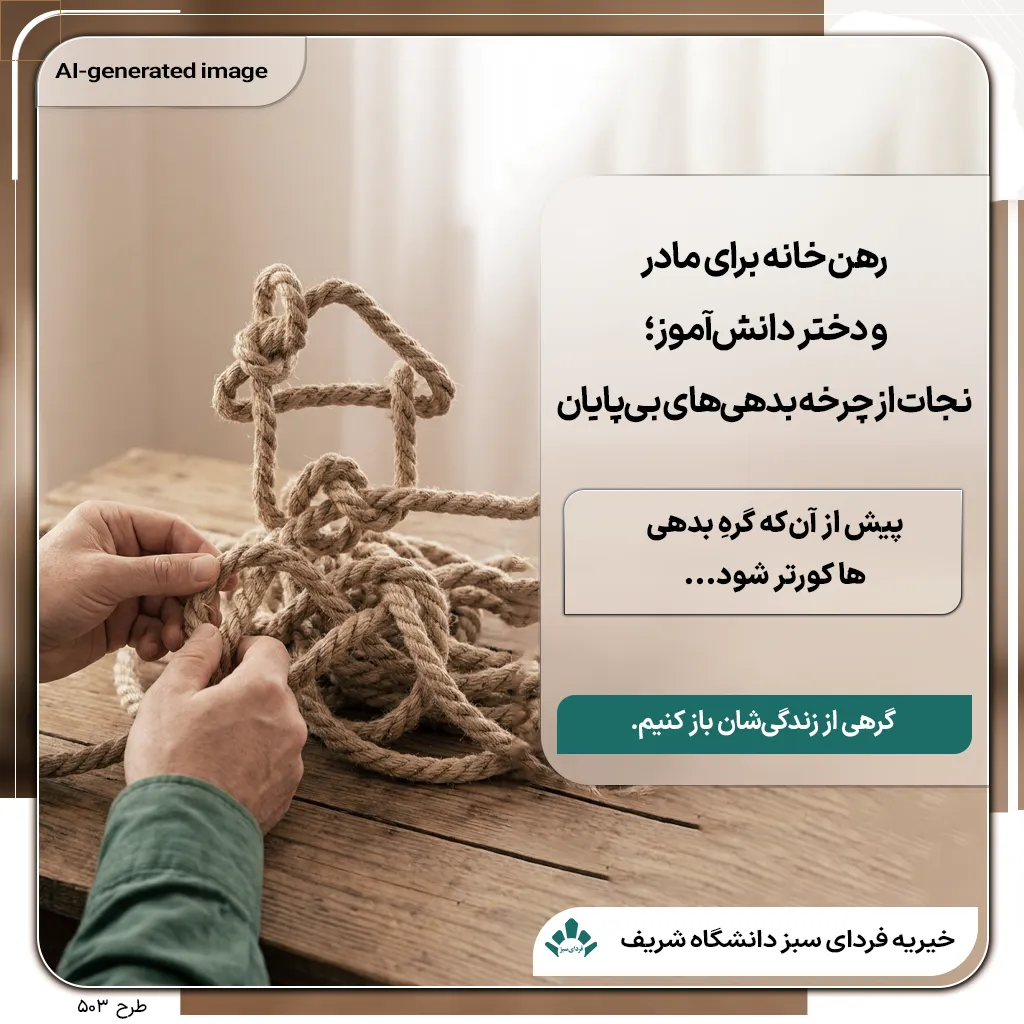 پوستر رهن خانه برای مادر و دختر دانش‌آموز و باز شدن گره مسکن با کمک خیریه فردای سبز شریف
