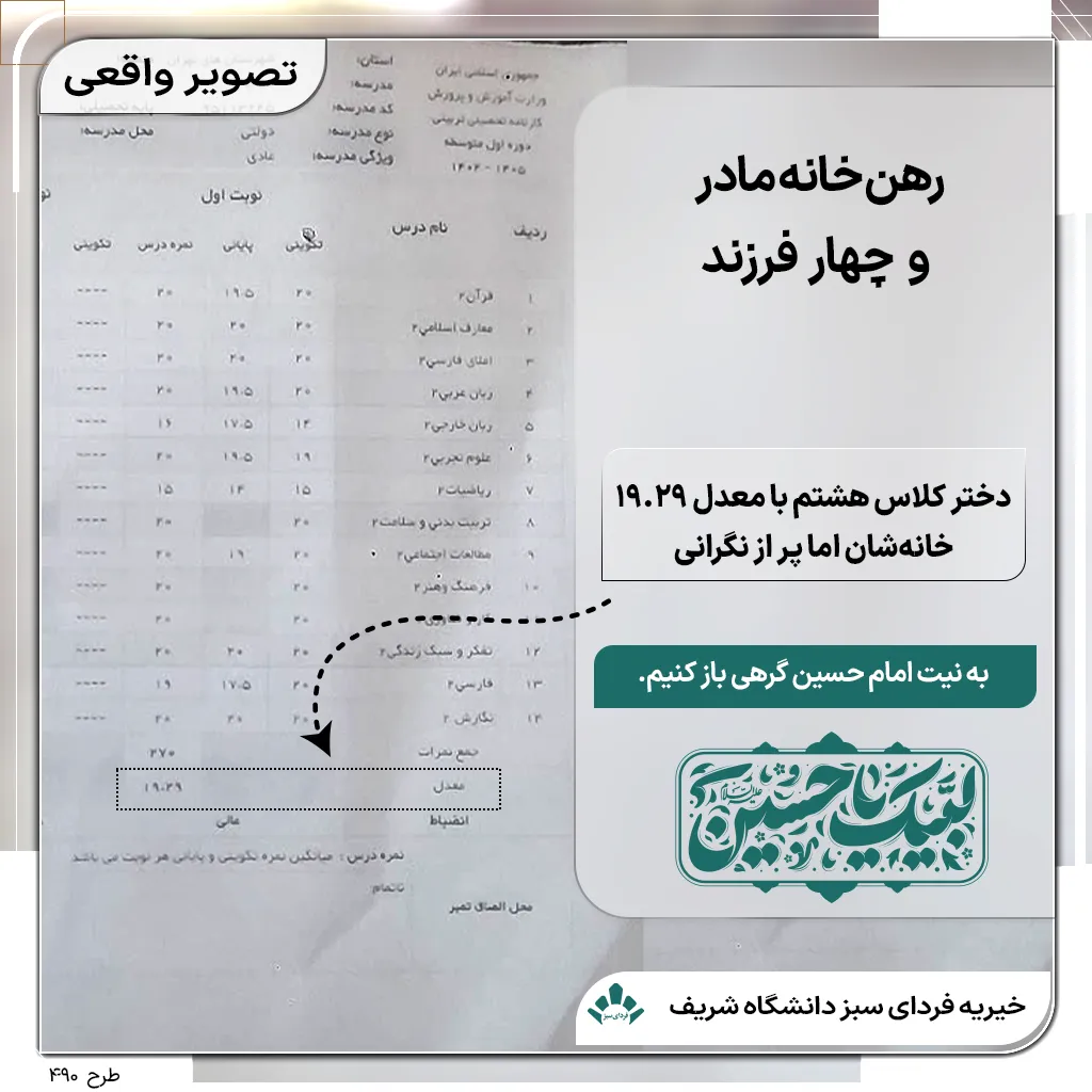 کارنامه دختر کلاس هشتم با معدل ۱۹.۲۹ کنار مادر و چهار فرزند نیازمند برای کمک به رهن خانه در خیریه فردای سبز شریف