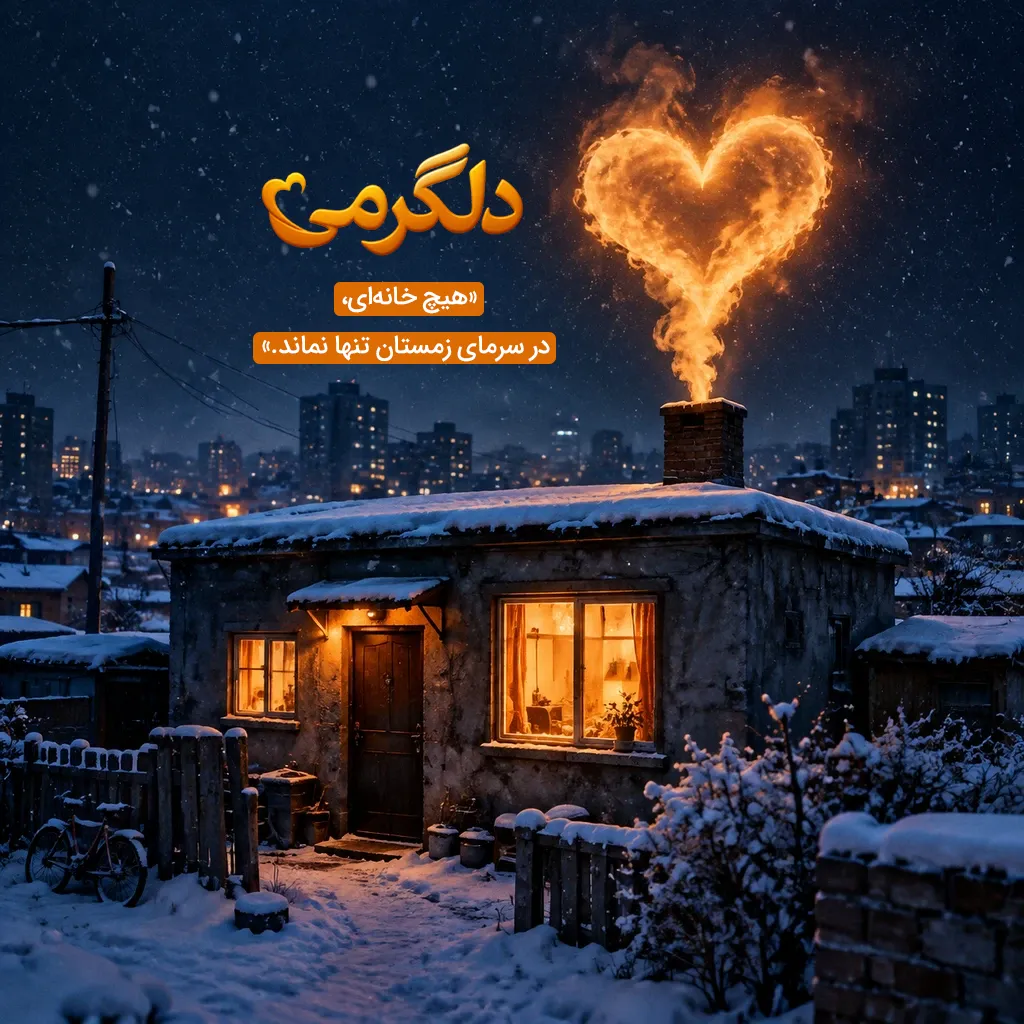 خانه ی خانواده نیازمند در فصل سرما که گرما به شکل قلب از دود کش آن بیرون می آید