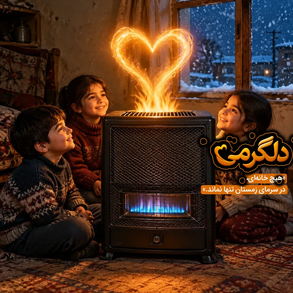 کودکان در کنار بخاری با گرمای قلبی‌شکل در فضایی گرم با چشم‌انداز هوای برفی بیرون